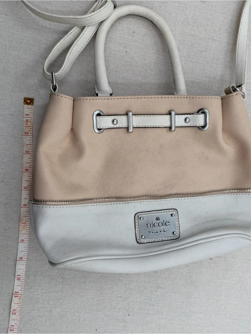 Nicole Miller Beige and White Leather Satchel with Long Strap